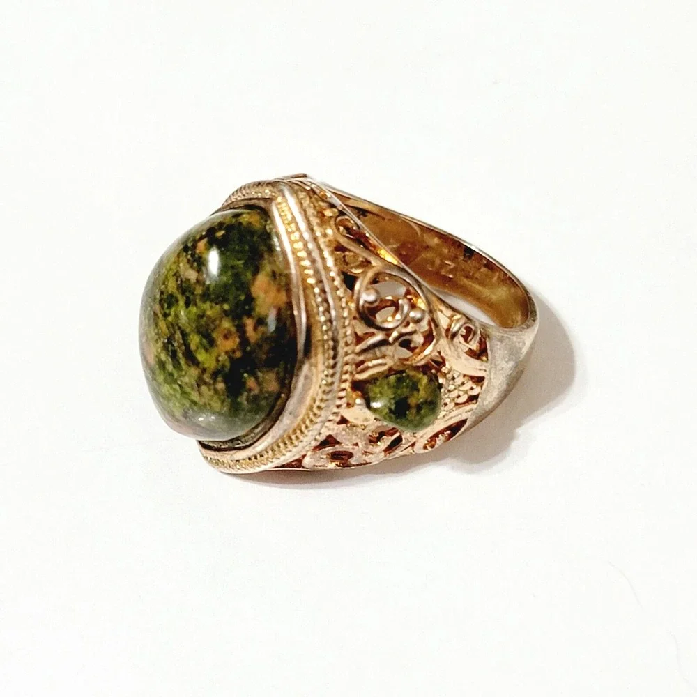 Vintage Rose Gold Green Agate Ornate Mogul Fashion Ring JZ China Size 8